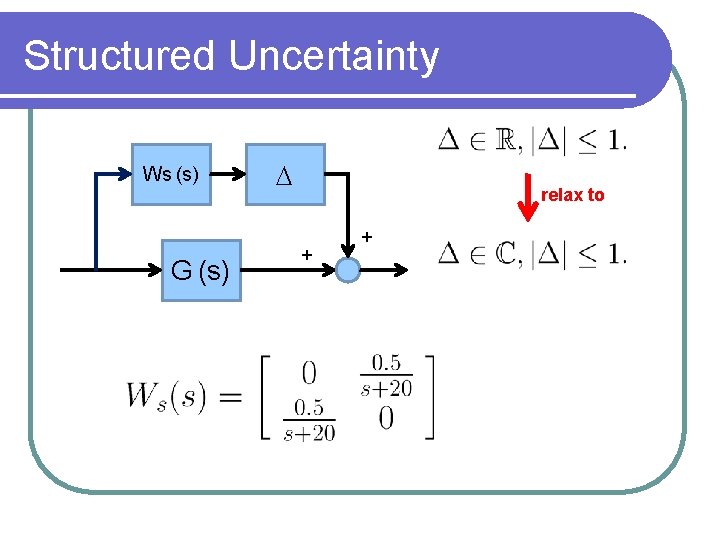 Structured Uncertainty Ws (s) G (s) D relax to + + 