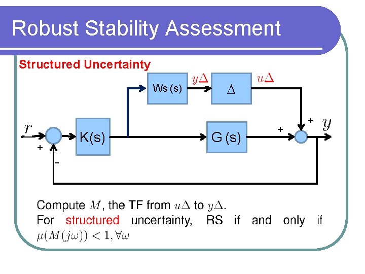 Robust Stability Assessment Structured Uncertainty Ws (s) K(s) + - D G (s) +