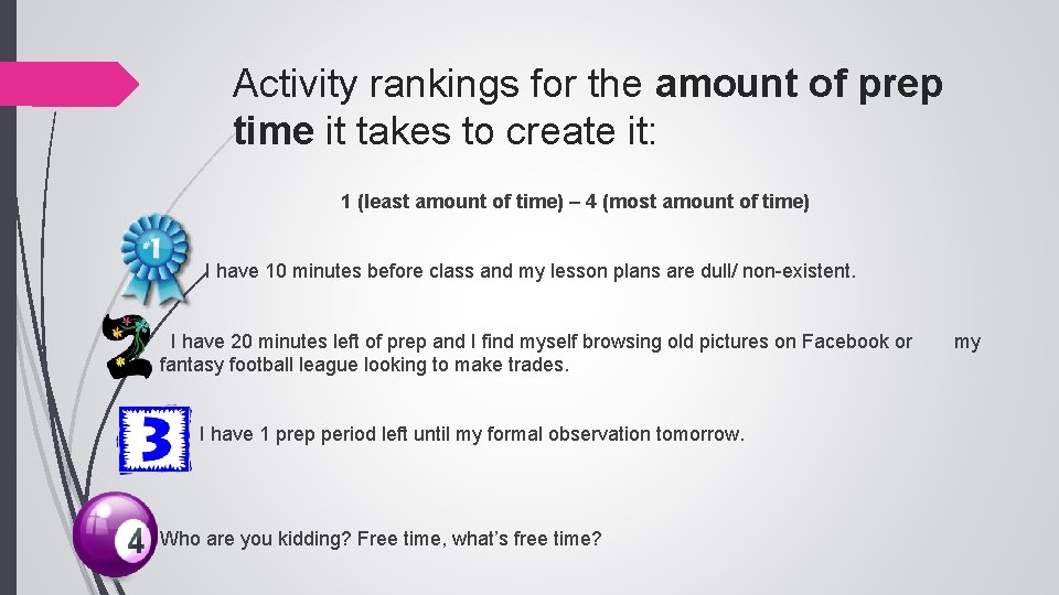 Activity rankings for the amount of prep time it takes to create it: 1