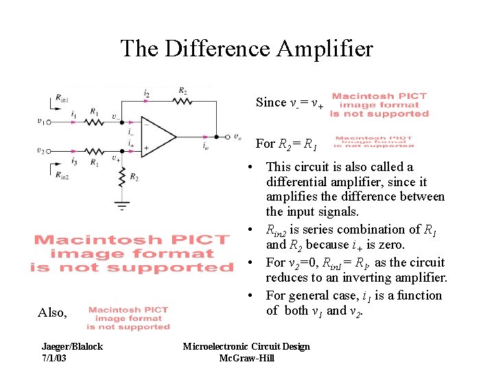 The Difference Amplifier Since v-= v+ For R 2= R 1 Also, Jaeger/Blalock 7/1/03