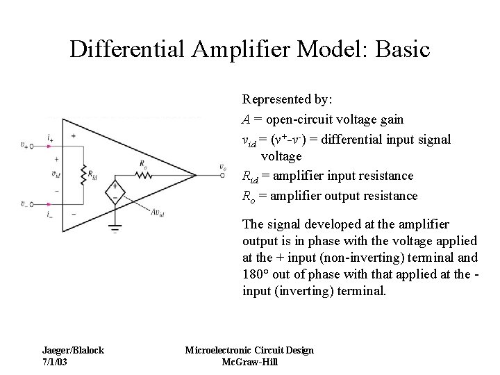 Differential Amplifier Model: Basic Represented by: A = open-circuit voltage gain vid = (v+-v-)