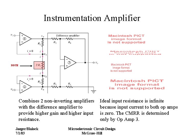 Instrumentation Amplifier NOTE Combines 2 non-inverting amplifiers with the difference amplifier to provide higher