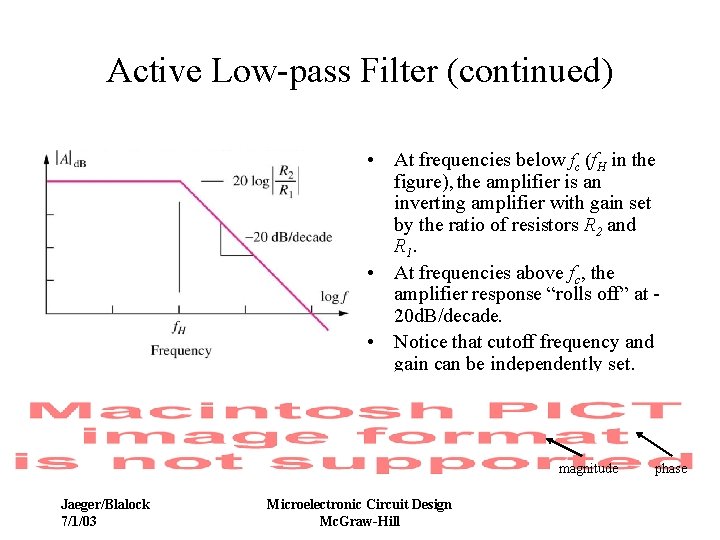 Active Low-pass Filter (continued) • At frequencies below fc (f. H in the figure),