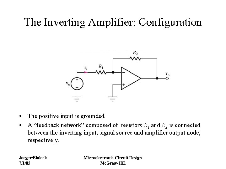 The Inverting Amplifier: Configuration • The positive input is grounded. • A “feedback network”
