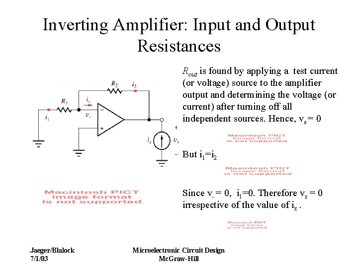 Inverting Amplifier: Input and Output Resistances Rout is found by applying a test current