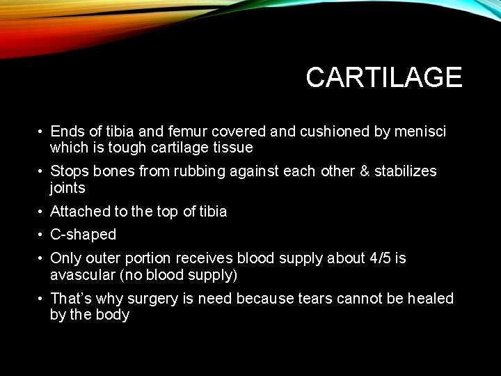 CARTILAGE • Ends of tibia and femur covered and cushioned by menisci which is