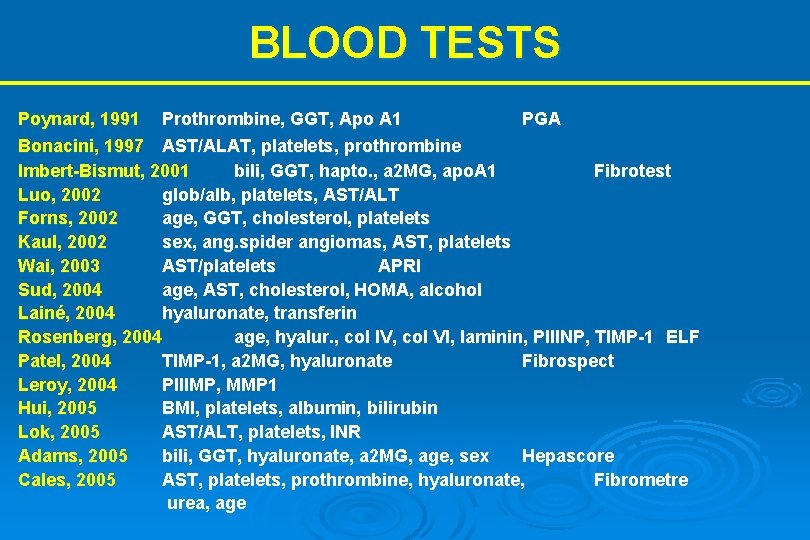 BLOOD TESTS Poynard, 1991 Prothrombine, GGT, Apo A 1 PGA Bonacini, 1997 AST/ALAT, platelets,