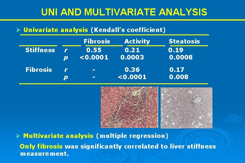 UNI AND MULTIVARIATE ANALYSIS Ø Univariate analysis (Kendall’s coefficient) Stiffness r p Fibrosis 0.