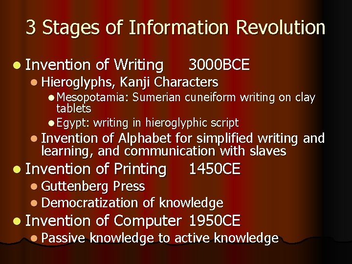 3 Stages of Information Revolution l Invention of Writing 3000 BCE l Hieroglyphs, Kanji