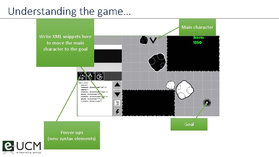 Understanding the game… Main character Write XML snippets here to move the main character