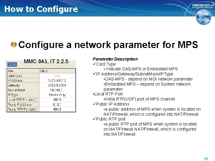 How to Configure a network parameter for MPS MMC 843, IT 2. 2. 5