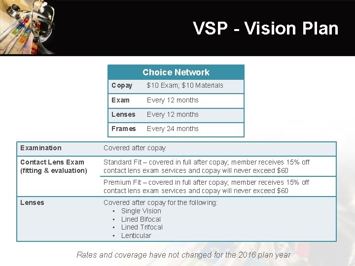 VSP - Vision Plan Choice Network Copay $10 Exam; $10 Materials Exam Every 12