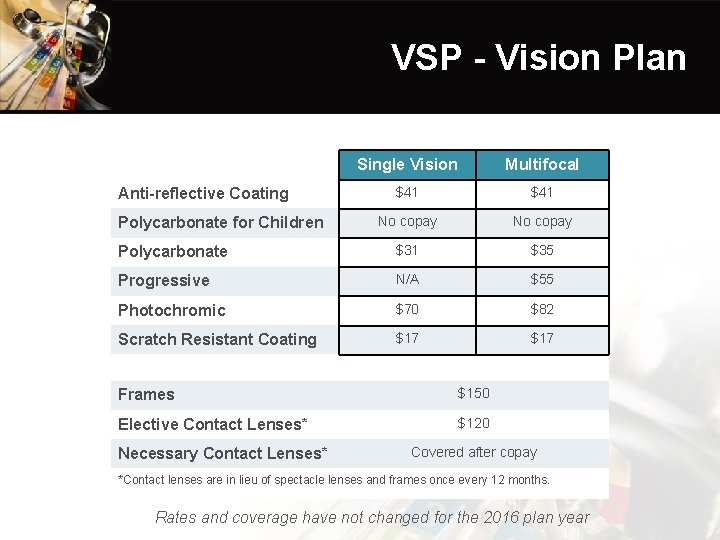 VSP - Vision Plan Single Vision Multifocal $41 No copay Polycarbonate $31 $35 Progressive