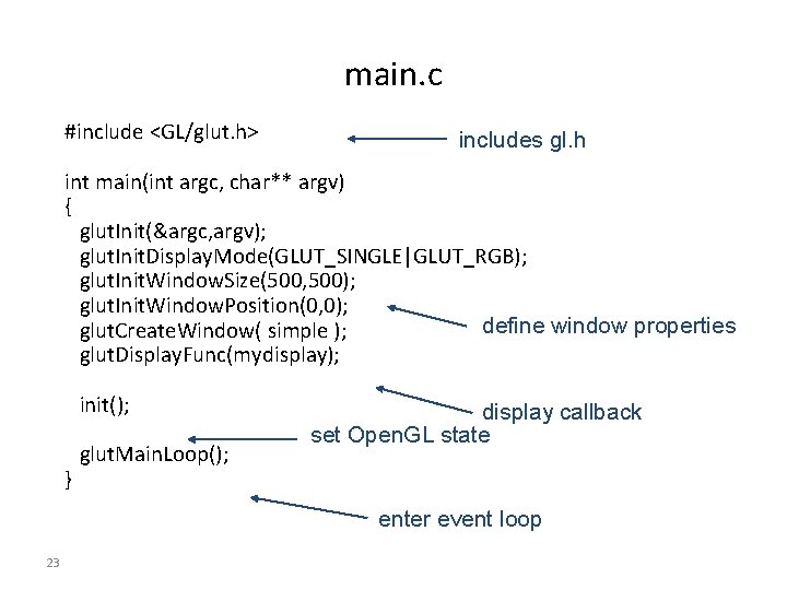 main. c #include <GL/glut. h> includes gl. h int main(int argc, char** argv) {