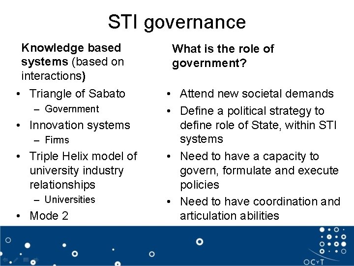 STI governance Knowledge based systems (based on interactions) • Triangle of Sabato – Government