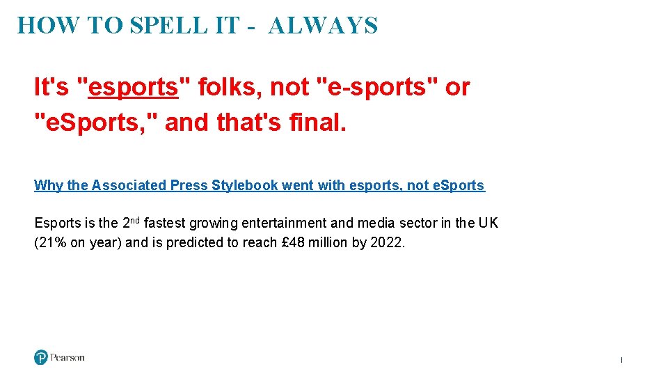 HOW TO SPELL IT - ALWAYS It's "esports" folks, not "e-sports" or "e. Sports,