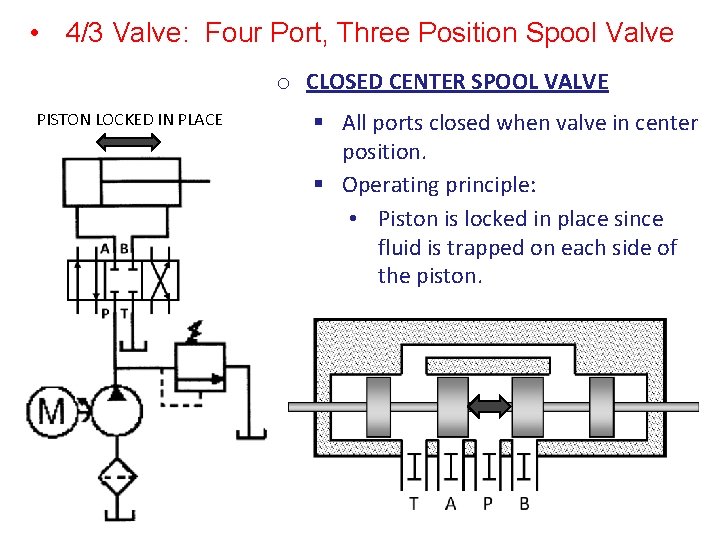  • 4/3 Valve: Four Port, Three Position Spool Valve o CLOSED CENTER SPOOL