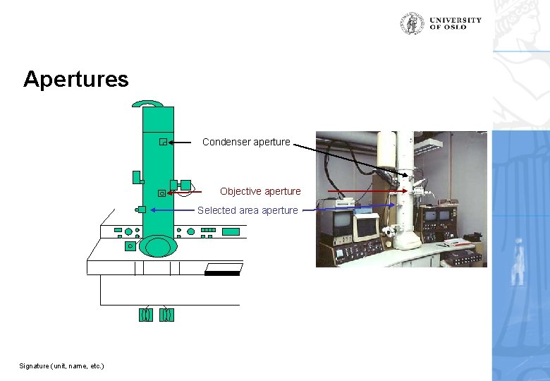 Apertures Condenser aperture Objective aperture Selected area aperture Signature (unit, name, etc. ) 