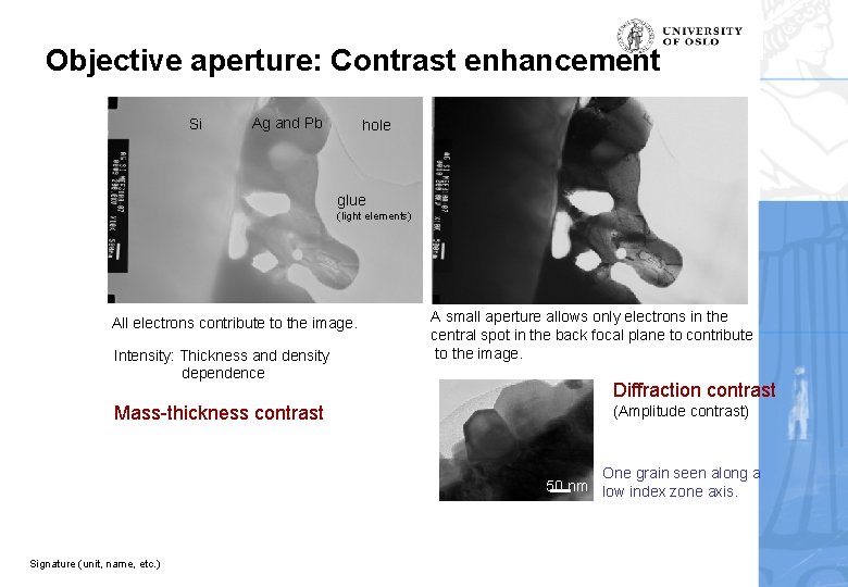 Objective aperture: Contrast enhancement Si Ag and Pb hole glue (light elements) All electrons