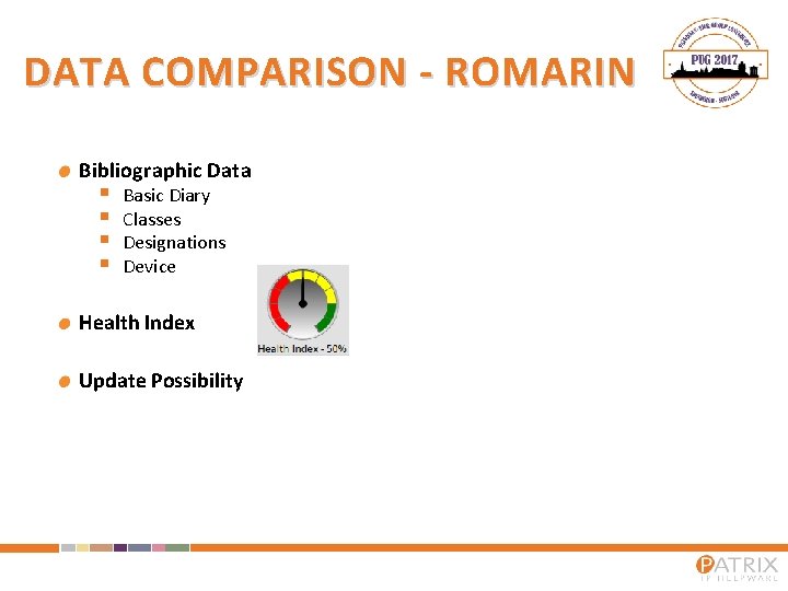 DATA COMPARISON - ROMARIN Bibliographic Data § § Basic Diary Classes Designations Device Health