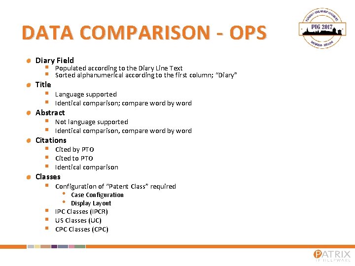 DATA COMPARISON - OPS Diary Field § § Populated according to the Diary Line