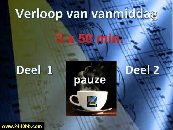 Verloop van abvvanmiddag 3 x 50 min. Deel 1 www. 2440 bb. com pauze