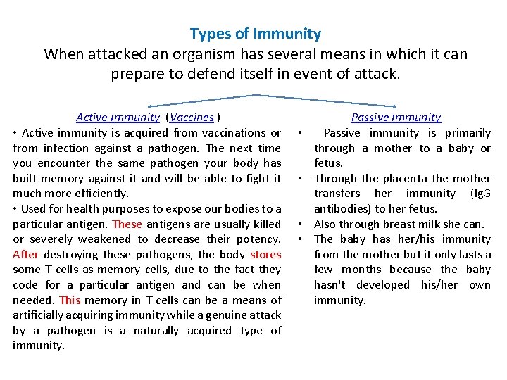 Types of Immunity When attacked an organism has several means in which it can