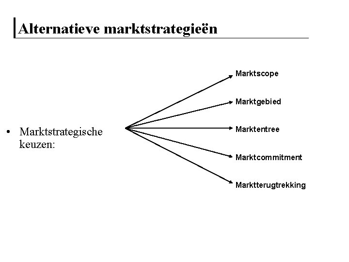 Alternatieve marktstrategieën Marktscope Marktgebied • Marktstrategische keuzen: Marktentree Marktcommitment Marktterugtrekking 