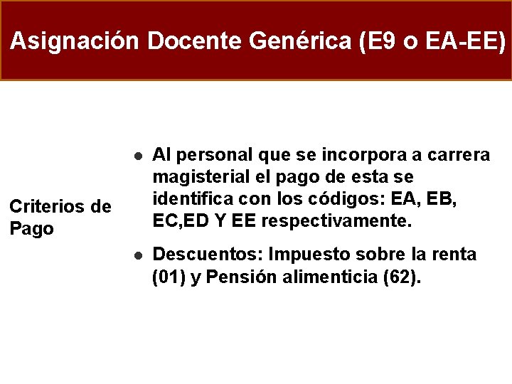 Asignación Docente Genérica (E 9 o EA-EE) l Al personal que se incorpora a