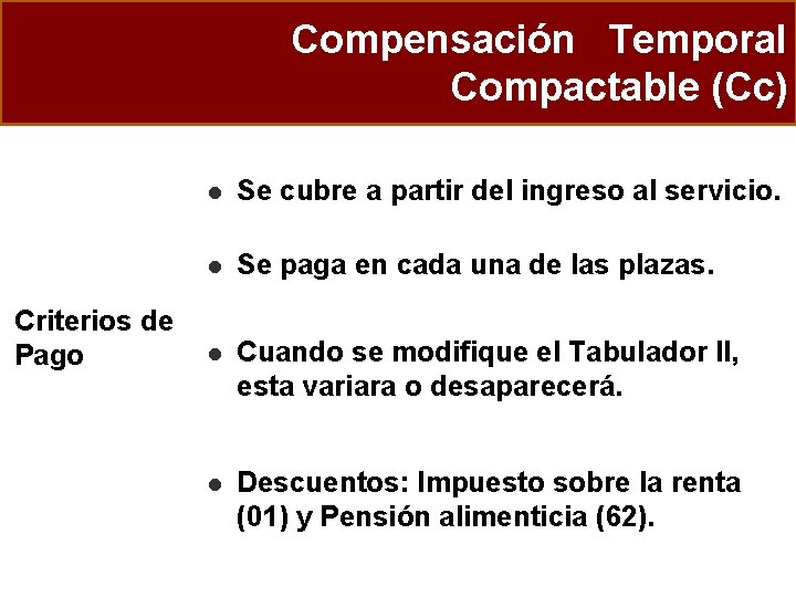 Compensación Temporal Compactable (Cc) Criterios de Pago l Se cubre a partir del ingreso