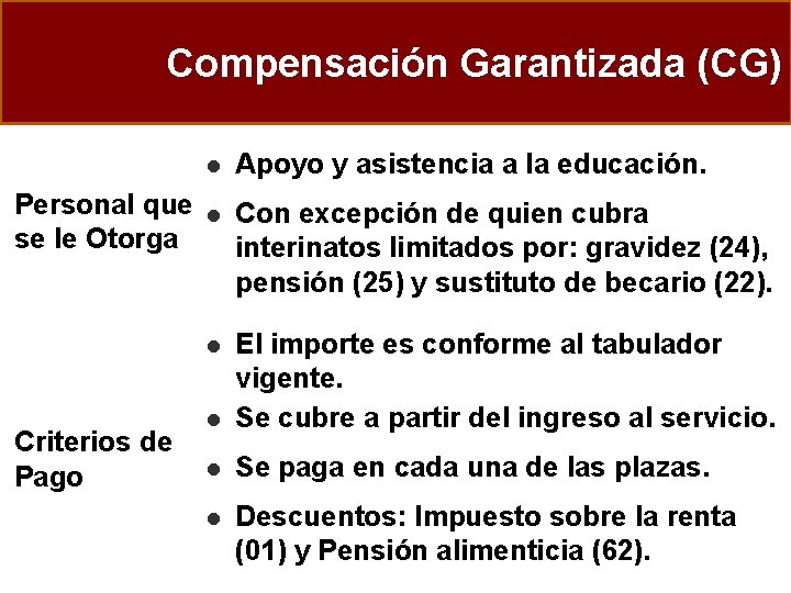 Compensación Garantizada (CG) Personal que se le Otorga Criterios de Pago l Apoyo y