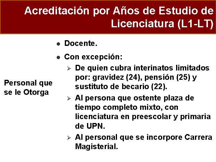 Acreditación por Años de Estudio de Licenciatura (L 1 -LT) Personal que se le