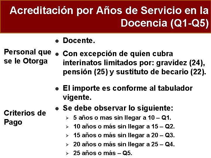 Acreditación por Años de Servicio en la Docencia (Q 1 -Q 5) Personal que