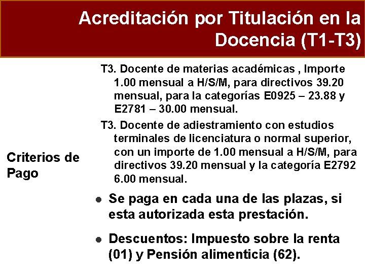Acreditación por Titulación en la Docencia (T 1 -T 3) Criterios de Pago T