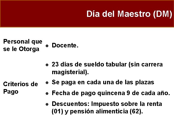 Día del Maestro (DM) Personal que se le Otorga Criterios de Pago l Docente.