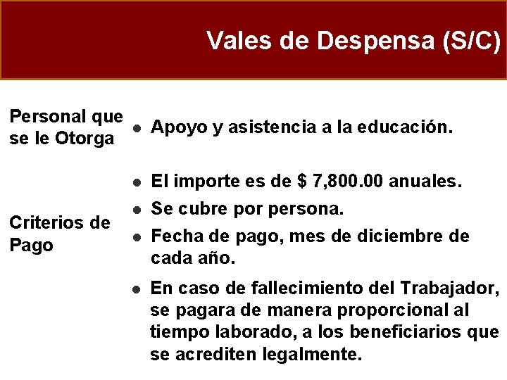 Vales de Despensa (S/C) Personal que se le Otorga Criterios de Pago l Apoyo