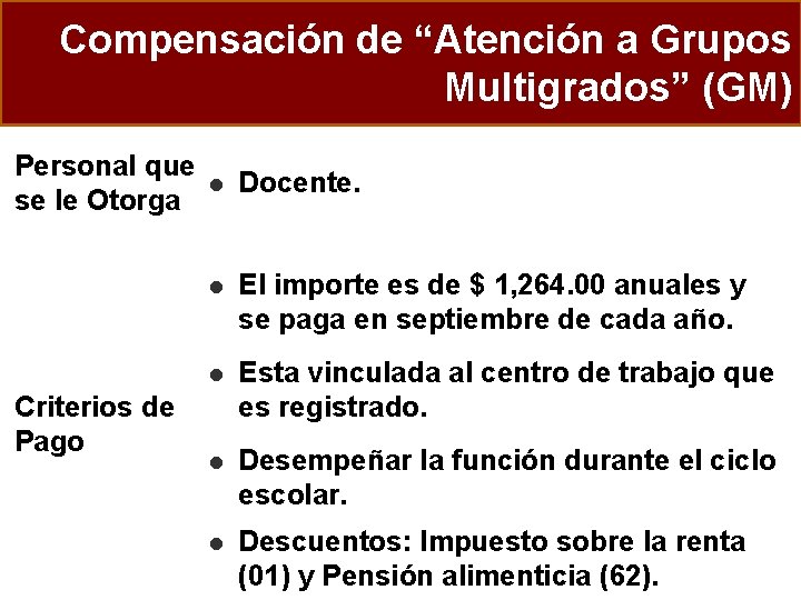 Compensación de “Atención a Grupos Multigrados” (GM) Personal que se le Otorga Criterios de