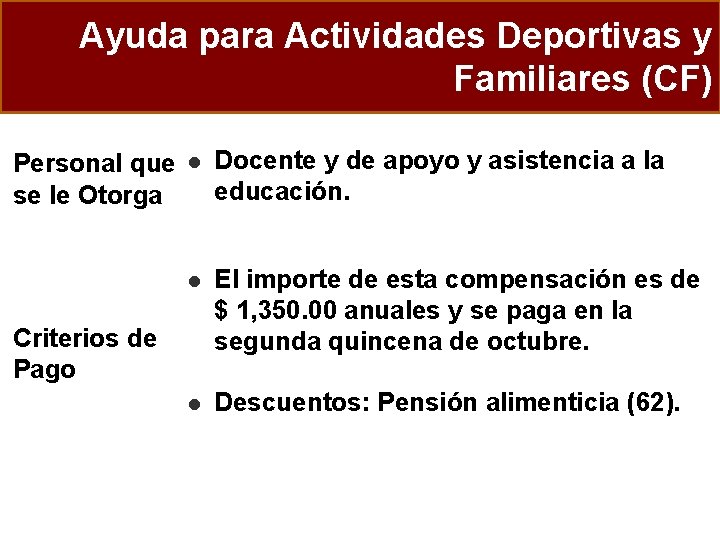 Ayuda para Actividades Deportivas y Familiares (CF) Personal que se le Otorga l Docente