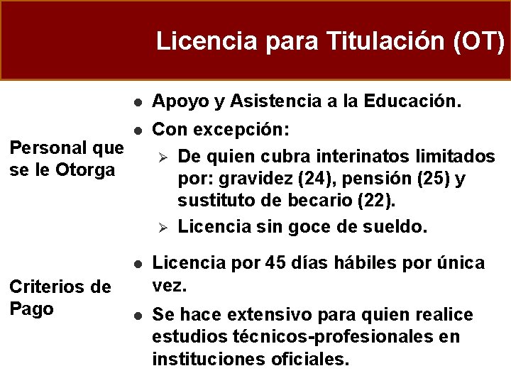 Licencia para Titulación (OT) Personal que se le Otorga Criterios de Pago l Apoyo