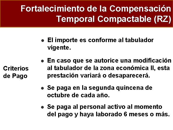 Fortalecimiento de la Compensación Temporal Compactable (RZ) l El importe es conforme al tabulador