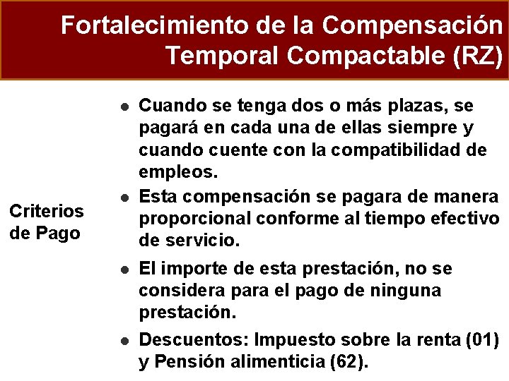 Fortalecimiento de la Compensación Temporal Compactable (RZ) l Criterios de Pago l l l