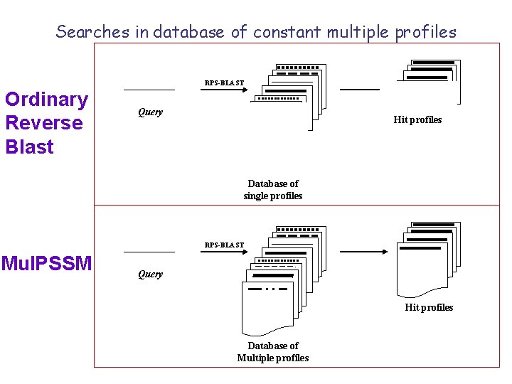 Searches in database of constant multiple profiles RPS-BLAST Ordinary Reverse Blast Query Hit profiles