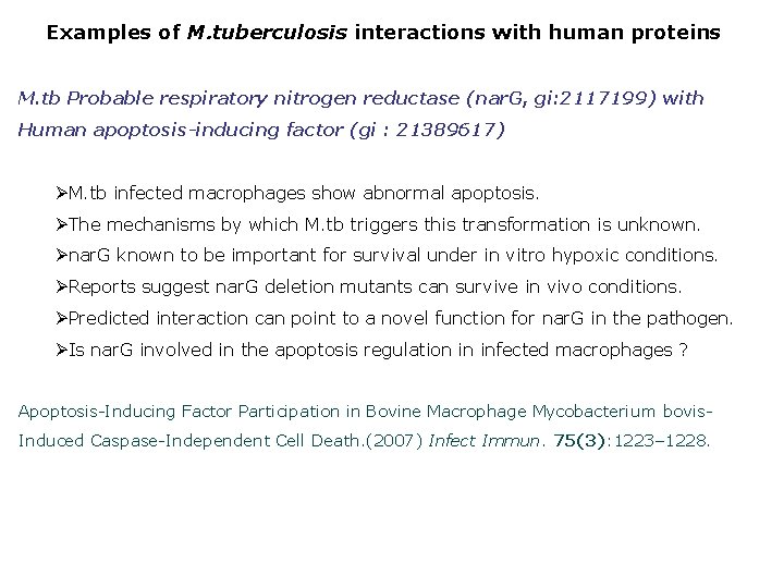 Examples of M. tuberculosis interactions with human proteins M. tb Probable respiratory nitrogen reductase