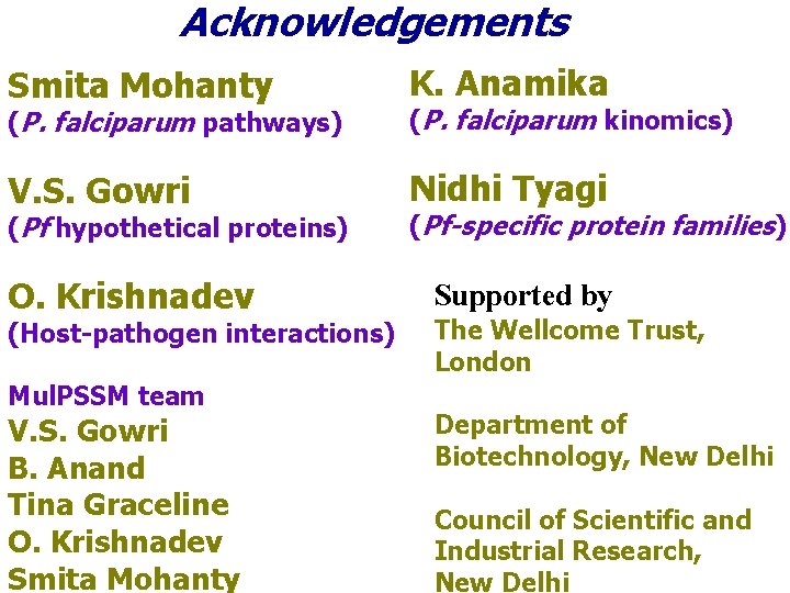 Acknowledgements Smita Mohanty K. Anamika (P. falciparum pathways) (P. falciparum kinomics) V. S. Gowri