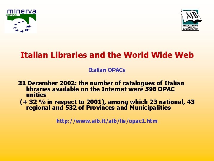 Italian Libraries and the World Wide Web Italian OPACs 31 December 2002: the number