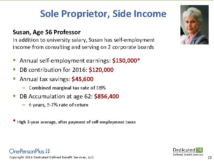 Sole Proprietor, Side Income Susan, Age 56 Professor In addition to university salary, Susan