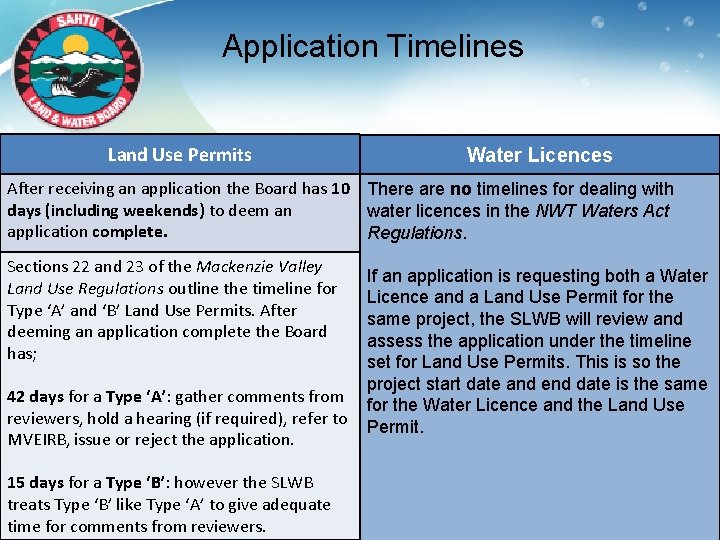 Application Timelines Land Use Permits Water Licences After receiving an application the Board has
