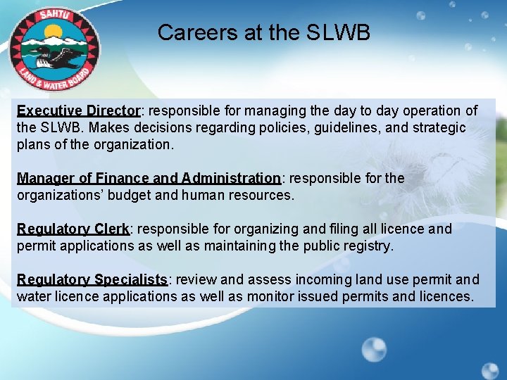 Careers at the SLWB Executive Director: responsible for managing the day to day operation