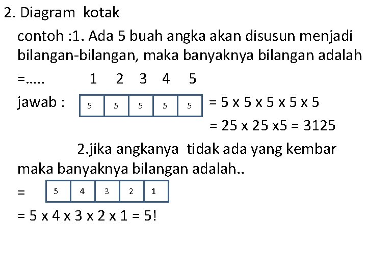 2. Diagram kotak contoh : 1. Ada 5 buah angka akan disusun menjadi bilangan-bilangan,