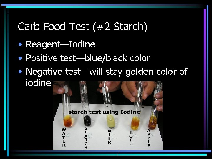 Carb Food Test (#2 -Starch) • Reagent—Iodine • Positive test—blue/black color • Negative test—will